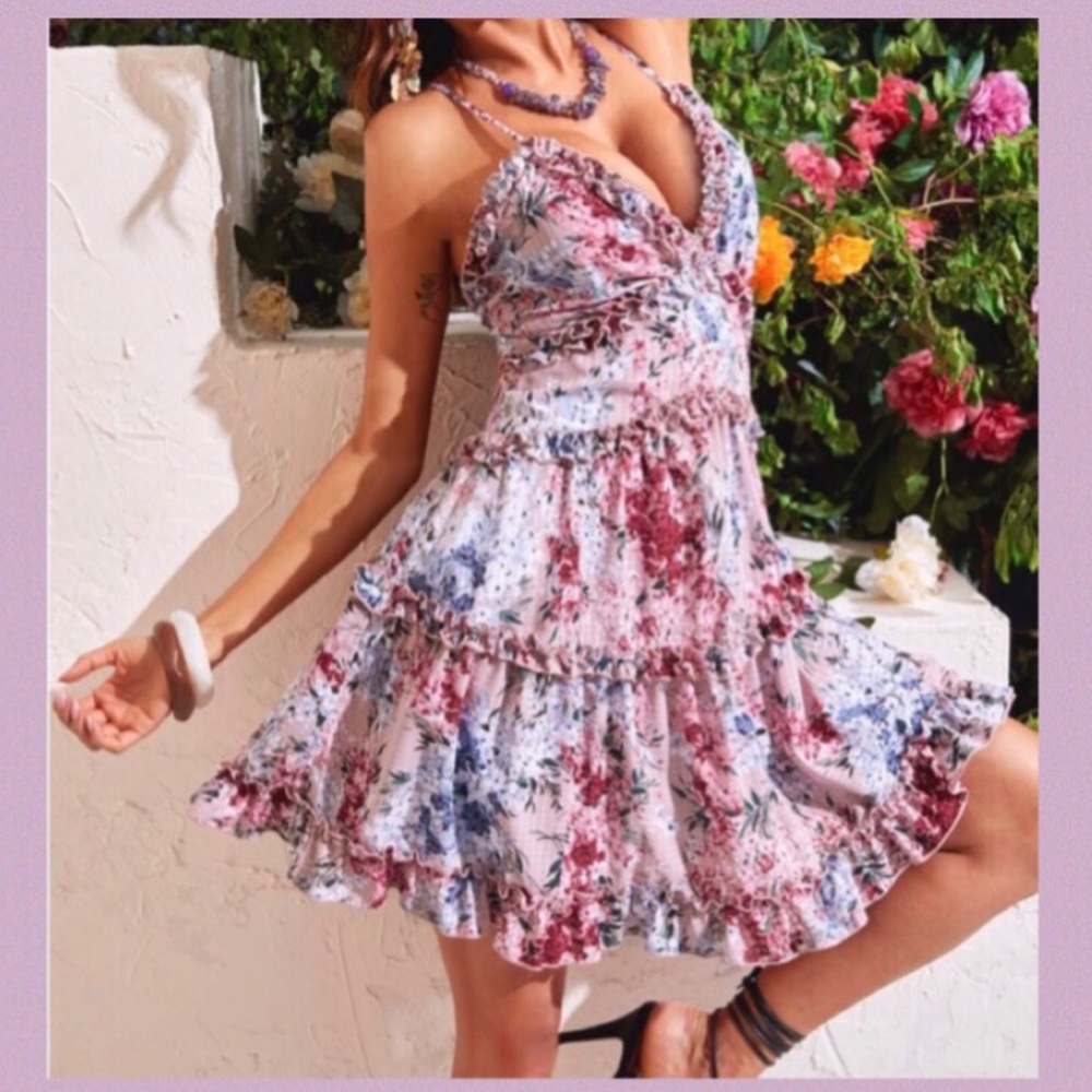 MAUVE PINK FLORAL PRINT CRISS CROSS RUFFLE DRESS - Picture 2 of 15